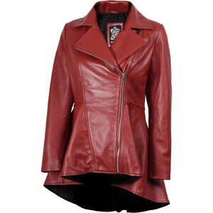 Women's Real Lambskin Peplum Long Sleeves Leather Jacket Outerwear Cognac Red